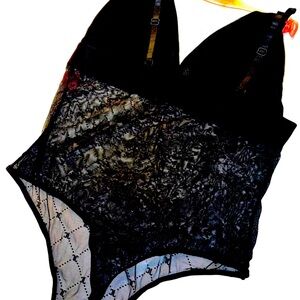 New With Tags Juicy Couture Sexy Mesh Black Label Logo Bodysuit Thong